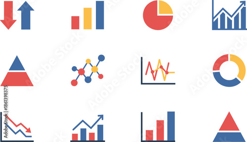 Set of colorful flat icons for business data visualization featuring bar charts pie graphs pyramid diagrams and financial trend lines in red blue and yellow.