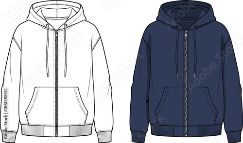 Hooded sweatshirt front view sketch, zip-up hoodie design, dark blue garment rendering, technical fashion illustration, flat vector apparel