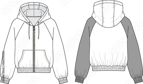 Hooded zip-up jacket sketch, raglan sleeve design, color-block fashion template, technical garment illustration, flat vector outerwear drawing