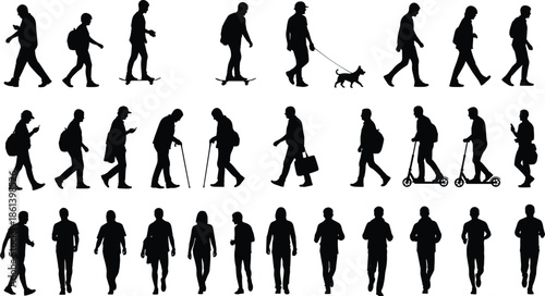 Black silhouettes of people walking, commuters with backpacks, pedestrians on scooters, skateboards, elderly with canes, and man walking dog on white.