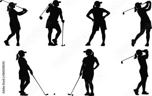 Collection of eight black silhouettes showing female golfers in various poses including swinging and standing isolated on a white background.