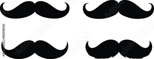 Collection of four black mustache silhouettes in various styles isolated on white background for gentleman barbershop and Movember design projects.