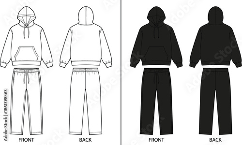 Hoodie sweatpants set sketch, front back views, black line art and solid render, technical fashion illustration, flat vector garment