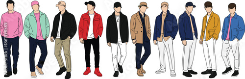 Male casual outfit illustration grid, streetwear fashion styles, colorful clothing combinations, menswear inspiration, flat vector design, apparel trends