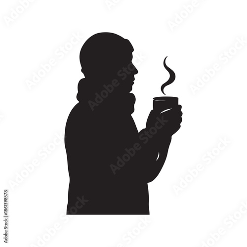 Vector silhouette capturing a moment of comfort with a hot drink, embodying warmth and quiet contemplation on a cold day