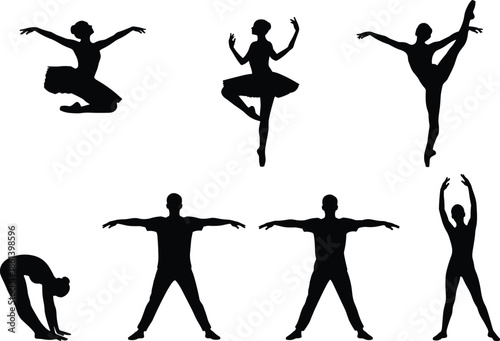 Set of black ballet dancer and gymnast silhouettes performing various poses isolated on white background for dance and fitness design