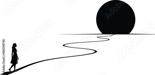 Silhouette of a woman walking on a long winding path toward a large rising sun isolated on a white background.