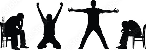 Set of silhouettes representing human emotions and feelings including depression, sadness, celebration, victory, success, freedom, despair, and mental health concepts.