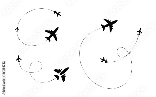 Set of Airplane Silhouettes with Circular and Looping Dotted Flight Routes for Travel and Aviation Design