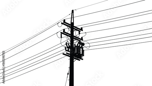 Silhouette of electrical power pole with utility lines and transformer unit on white background for industrial energy and city infrastructure