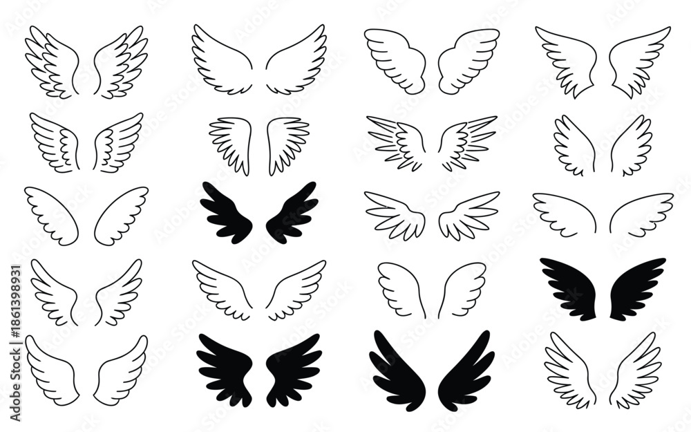 Fototapeta premium Sketchy Hand Drawn Wing Doodles Collection for Artistic and Whimsical Designs