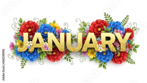 Golden January Text Surrounded By Colorful Red Blue Yellow Flowers And Green Leaves