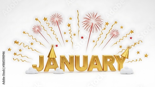 Golden January text with fireworks, confetti and party hats on white background word month
