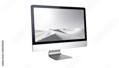 Sleek Silver iMac Displaying a Desert Landscape in Black and White.