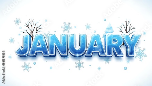 January text with winter snow and ice elements on white background snowflakes
