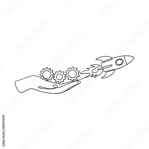 Hand holding gears propelling a rocket ship in a linear art style