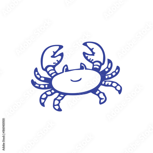 A minimalist blue crab illustration with a smiling face on a white background