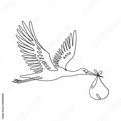 A minimalist line drawing of a stork carrying a baby bundle
