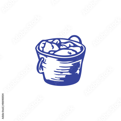A blue-toned illustration features a bucket filled with spherical objects, white background