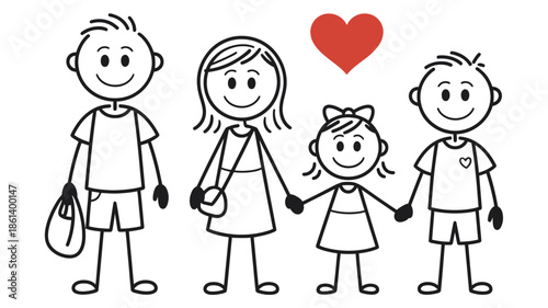 A heartwarming stick figure illustration of a happy family unit with two children and a loving bond