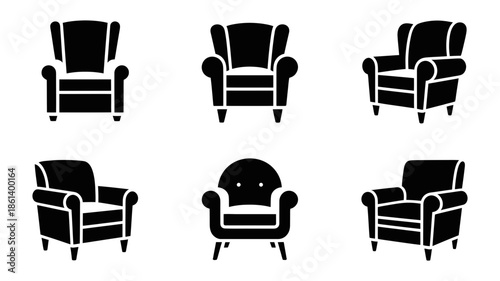 A collection of six distinct black armchair silhouettes showcasing various furniture styles