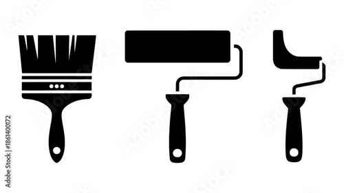 Essential painting tools icon set featuring a classic brush and two types of paint rollers