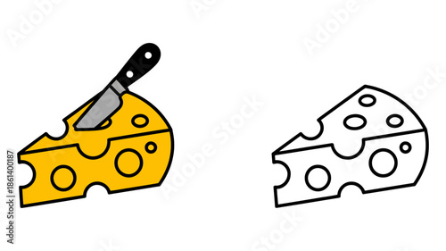 A colorful illustration of a cheese wedge with a knife and its black and white outline for coloring