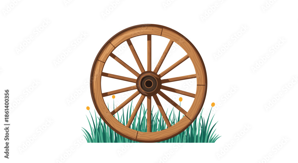 Fototapeta premium Vintage wooden wagon wheel stands among lush green grass and yellow wildflowers in this rustic country themed vector illustration.