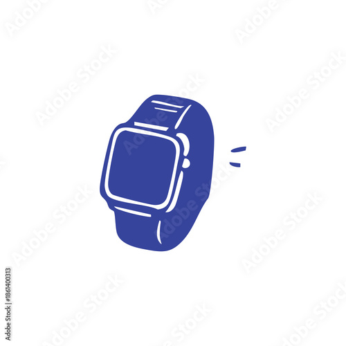 A blue smartwatch illustration, simple and bold, with slight movement indicators