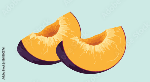Slices of fresh purple plum with bright orange flesh are presented on a pale blue background in this vibrant and healthy food illustration.