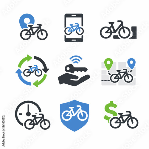 Bicycle sharing icons: location, rental, return, security, and payment symbols