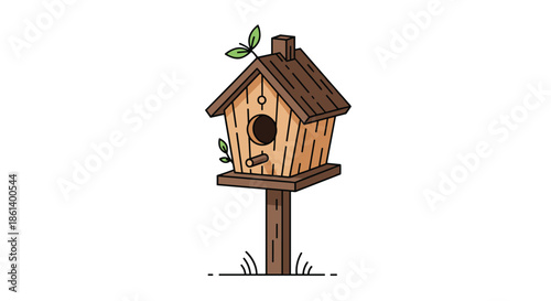 Rustic wooden birdhouse on a tall post is decorated with small green leaves in a simple and charming outdoor nature themed illustration.