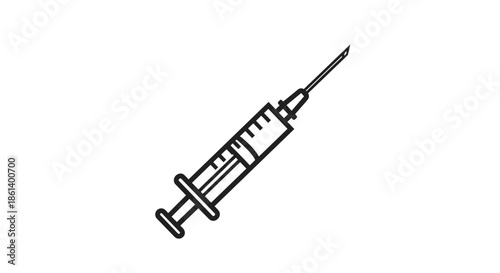 Medical syringe for injections or vaccinations is illustrated in a clean black and white line art style for healthcare and science uses.