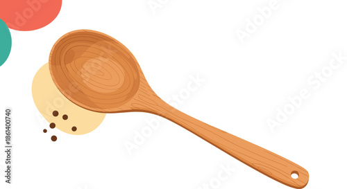 Large wooden cooking spoon with a natural grain texture is shown against a background of abstract shapes and small brown dots in vector.