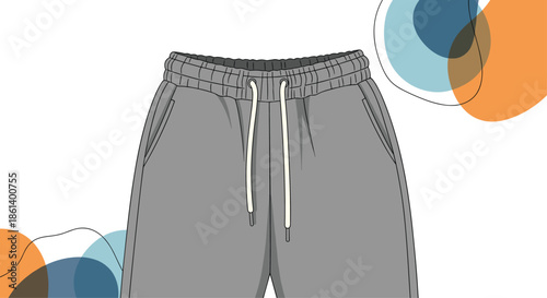 Pair of comfortable gray sweatpants with an elastic waistband and white drawstrings is shown against a colorful abstract background art.