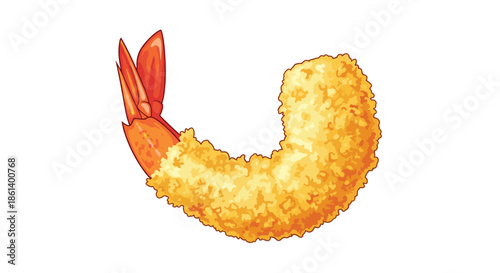 Crispy golden brown tempura shrimp with a detailed breaded texture and a red tail is illustrated in a delicious Japanese food vector style.