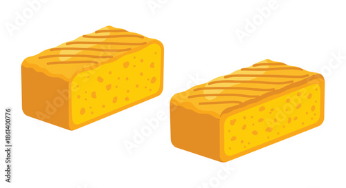 Two slices of Japanese tamagoyaki or rolled omelet are shown in a warm yellow color with a hand drawn artistic style for culinary design.