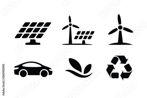 Renewable energy sources solar panels wind turbines electric car and recycling