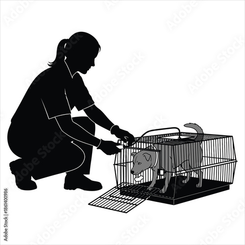 Animal control worker capturing a feral dog with humane cage trap in ethical handling silhouette vector
