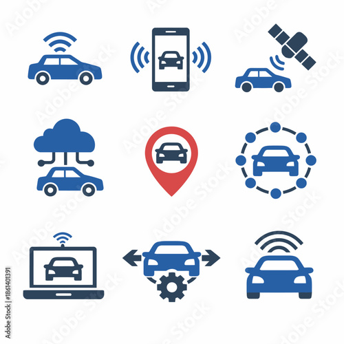 Autonomous vehicle technology icons set featuring gps and connectivity elements