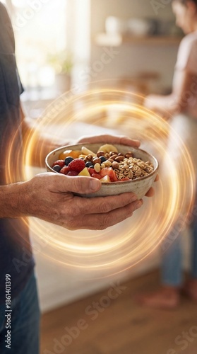 A person holds a bowl, brim...
