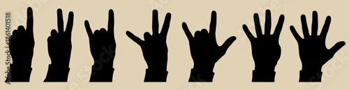 Vector set of diverse hand gestures: counting one to five (1-5), peace sign, "rock on" symbol, and "I love you" sign. Black silhouettes isolated.