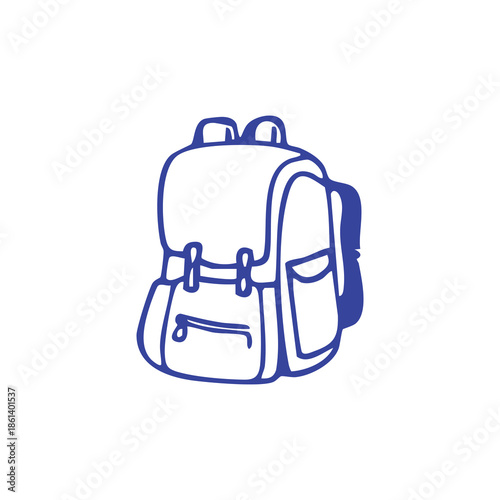 A blue line-art illustration of a backpack, stylized, with various compartments