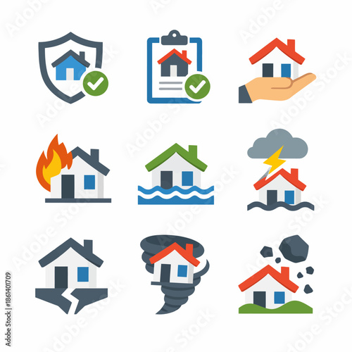 Home insurance safety and disaster preparedness icons collection