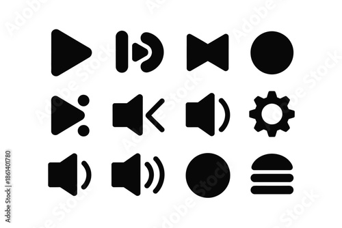 Collection of black media player and control interface icons displayed