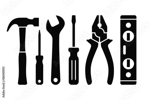 A collection of essential hand tools displayed in a simple black and white illustration