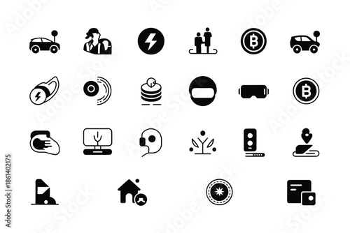 Collection of modern black line icons representing technology and lifestyle concepts