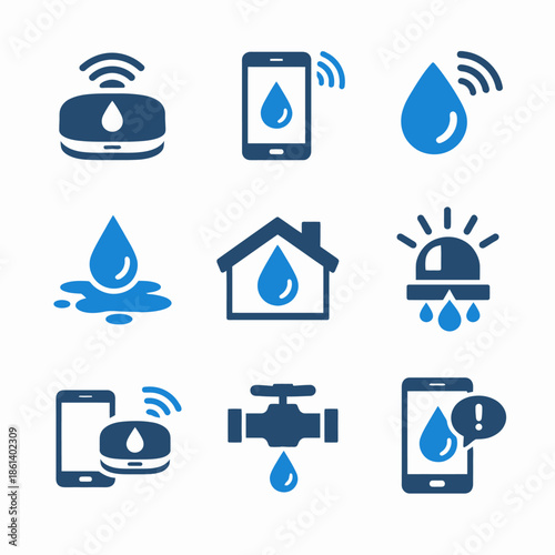 Smart water leak detection system icons in blue tones