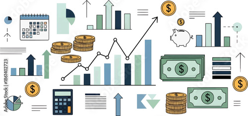 Comprehensive financial concept showing calculator, money, charts, and calendar. Ideal for tax season, budget planning, and economic analysis themes.