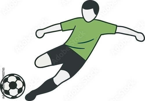 Dynamic vector illustration of a soccer player sliding to kick a ball. This clean, green and black flat-style sports graphic is perfect for football match promotions and athletic design.